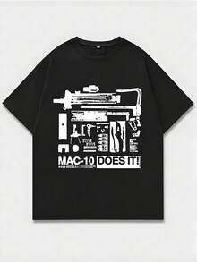 Camisa Oversize Negro con Motivo de Herramientas y Letras "-10 DOES IT!",Camiseta casual de cuello redondo y manga corta con estampado,adecuada para uso diario en primavera y verano,unisex - Negro - Ver 1