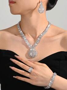 Saudi Arabia Middle East Dubai Luxury Bridal Jewelry Set, Cubic Zirconia Necklace Earrings 4 Piece Evening Jewelry Suit For Women, Wedding And Party