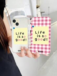 Rosa kariertes Buch-förmiges Flip Schutz-Handyhülle "Das Leben ist so gut!" Notiz-Memo transparente Handyhülle, kompatibel mit iPhone & Galaxy