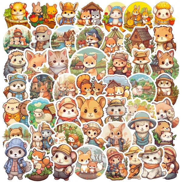 50 piezas Pegatinas de dibujos animados de pequeños animales con estilo campestre, ilustraciones de cuentos de hadas para decoración de scrapbook, resistentes al agua, con gatos pequeños, conejos, ratones, ovejas, zorros, erizos, coloridos y adorables, adecuados para botellas de agua, monopatines, portátiles, planificadores, equipaje, recompensas en el aula, interacción padres-hijos, regalo de cumpleaños