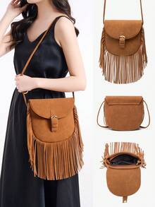 MIYIN 1pc Fashionable Vintage Fringed Bag For Woman,Metal Decor Flip Tassel Crossbody Bag, Retro Matte Bohemian Style Women Bag For Festivals,Vacation,Holiday,Travel,Outdoor,Shopping, Dating, Party, Small Saddle Bag Handbag Shoulder Bag Western Purse For Lady - Multicolor - View 8