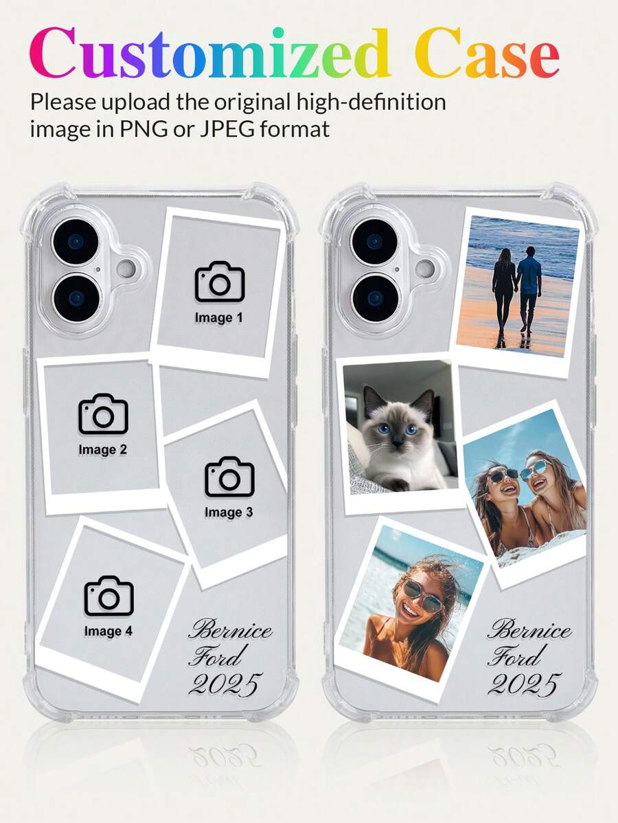 1 pieza Funda de teléfono protectora de TPU con cobertura total, lente protectora y collage de fotos personalizadas de 4 en 1 para pareja/familia/amigos/mascotas para iPhone 11/12/13/14/15/16/16pro/16plus/16promax/X/Xr/Xsmax/7/7plus, elegante, colorida, vintage, linda, sencilla, divertida, personalizada, regalo ideal para él, regalo ideal para ella, novio, novia, familia, amigos, abuelos, pareja, para aniversarios, para cumpleaños