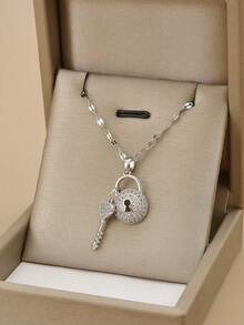 1 chiếc dây chuyền mặt khóa đính đá Cubic Zirconia thời trang bằng thép không gỉ, trang sức bạc, dây chuyền bạc, quà tặng Ngày của Mẹ, trang sức phương Tây, quà tặng Ngày Nhà giáo, quà tặng cho phụ nữ, trang sức đi biển cho phụ nữ, mặt dây chuyền, quà tặng, quà sinh nhật - Bạc - Xem 2