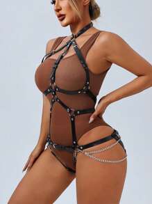 1pc Women's Sexy Full Body Leather Bondage Lingerie Gothic Hollow Out Bondage Tie Down Cage Bodysuit
