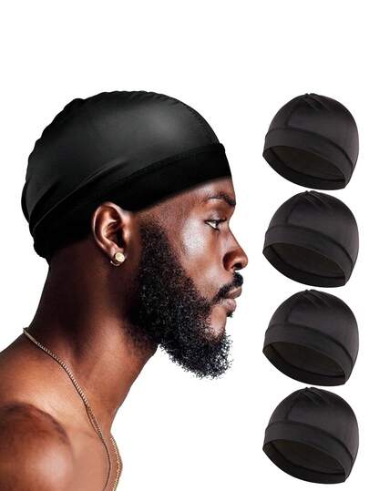 1/2/4 Pcs Men's Silk-Like Wavy Black Hats, Satin Smooth Durags, Anti-Pollution, Good Compressibility Hair Sleep Cap