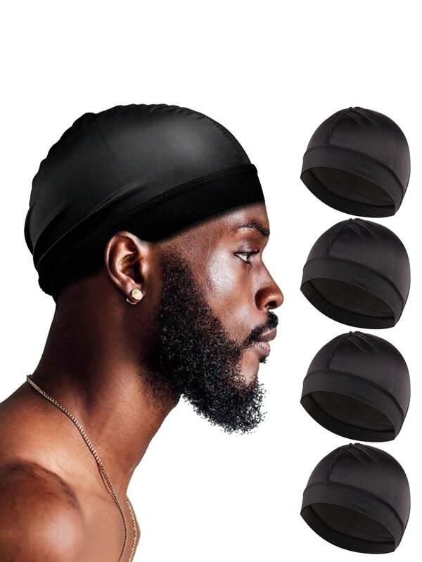 1/2/4 Pcs Men's Silk-Like Wavy Black Hats, Satin Smooth Durags, Unisex Anti-Pollution, Good Compressibility