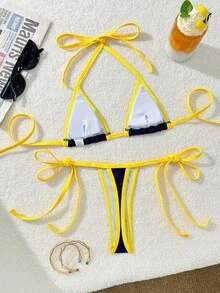 Traje de baño de bikini sexy y de moda de tanga con cintura alta de unicolor y contraste para playa, fiesta y vacaciones - Amarillo - Ver 4