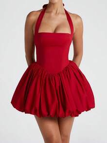 Women Sleeveless Halter Dress Summer Casual Tie Up Backless Corset Bubble Party Dress For Beach Club Streetwear