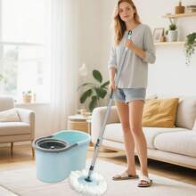 Conjunto de cubo y trapeador giratorio, cubo y trapeador con exprimidor para el hogar, herramienta de limpieza de piso con trapeador giratorio de 360° y 3 repuestos de cabezal de microfibra, mango extendido de 50" para limpieza de piso del hogar y oficina - Celeste - Ver 7