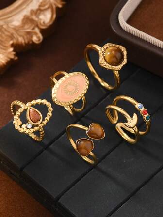 3 件时尚法式复古不锈钢女士戒指套装，镶嵌太阳绿宝石元素，适合女性日常佩戴，节日约会礼物，情侣珠宝礼物