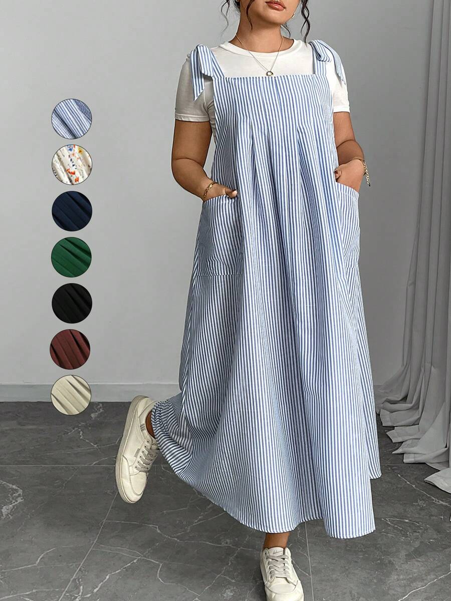 Plus Size Women Striped Dual Pocket Casual Loose Strap Dress Maxi Women Outfit