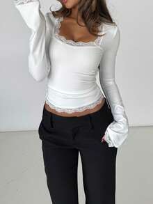 Women Girls Y2k Retro Lace Trim Crop Tops Long Sleeve V-Neck Fairy Grunge Aesthetic Clothes - trắng - Xem 1