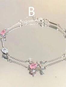 1pc Cherry Blossom Pink Crystal Bracelet, Suitable For Daily Wear, Zirconia Sakura Butterfly Charm Bell Bracelet For Women, Delicate And Chic, Elegant Feminine Gift - Pink - View 5