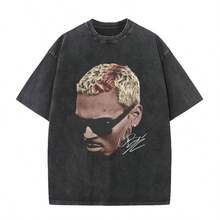 Cool In Summer-Rapper Chriss Browns Breezy Big Face Graphic Vintage Washed T-Shirts Men Women Harajuku O-Neck Cotton Casual Short Sleeve T Shirts - 黑色 - 查看 1