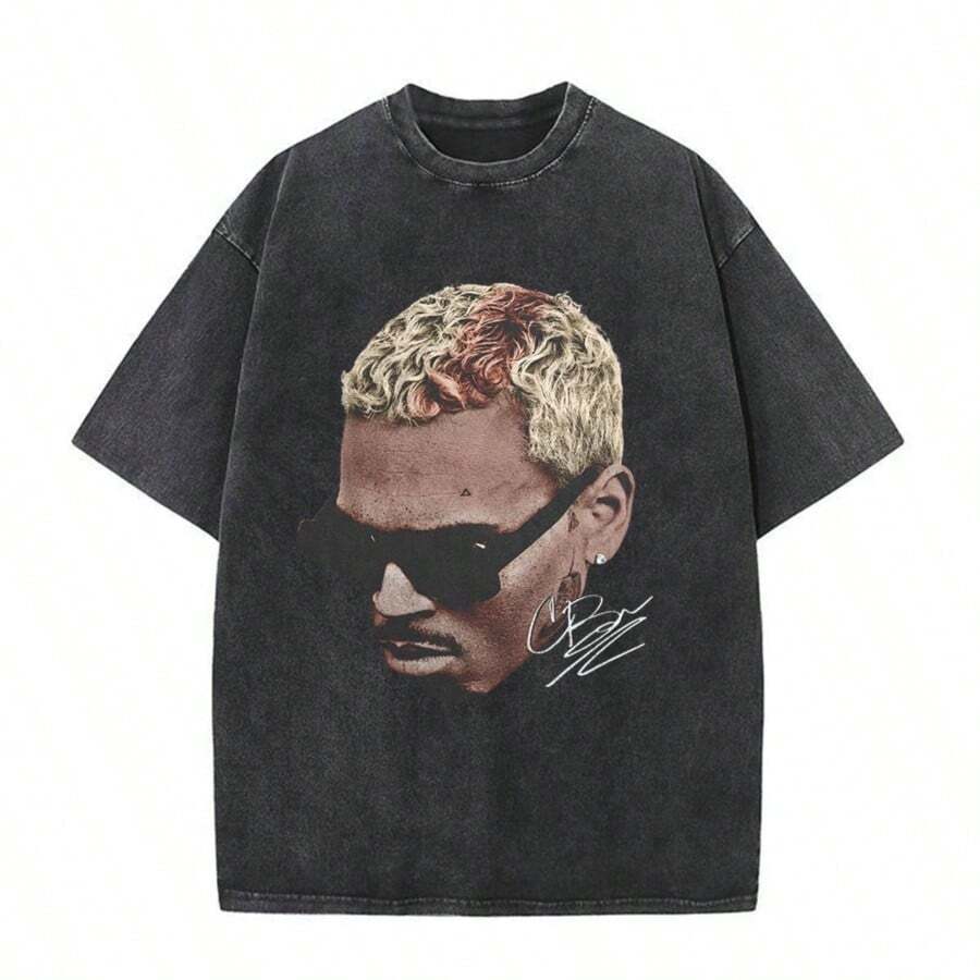 Cool In Summer-Rapper Chriss Browns Breezy Big Face Graphic Vintage Washed T-Shirts Men Women Harajuku O-Neck Cotton Casual Short Sleeve T Shirts - 黑色 - 查看 1