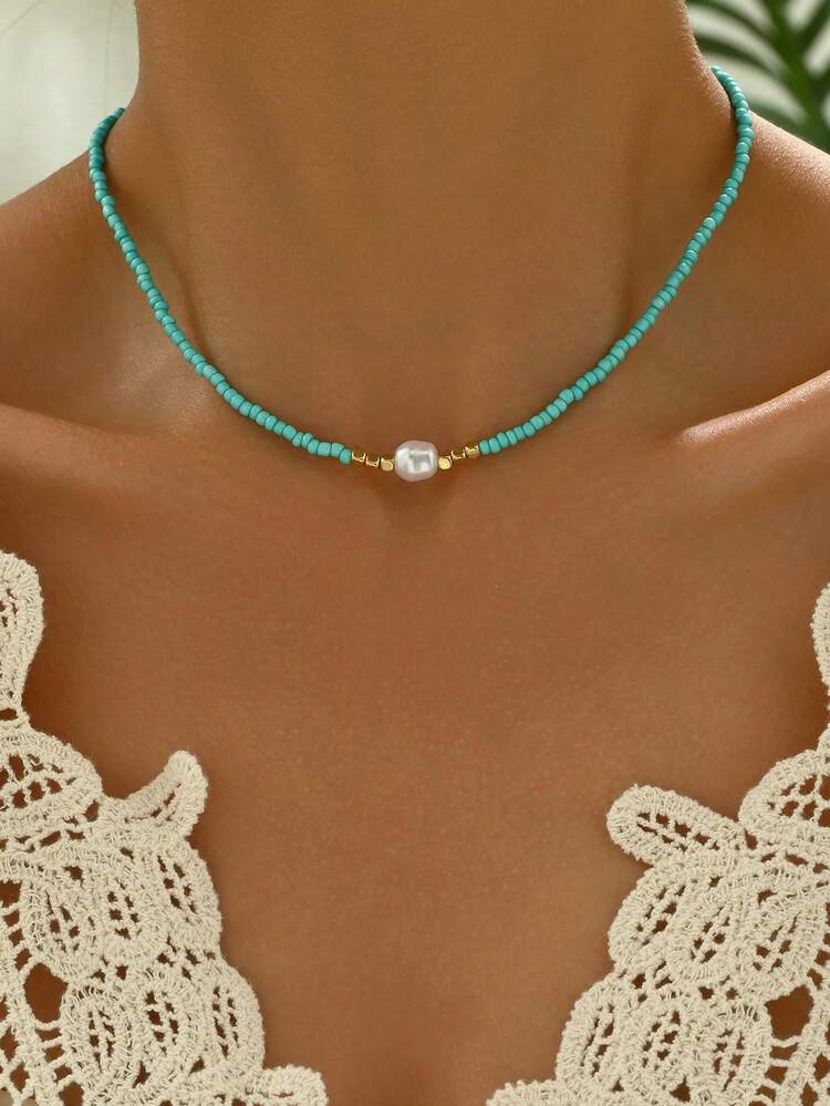 1個 ミニマリスト クラシック マルチカラー ビーズチョーカーネックレス、女性のパーティーや日常着に適しています - グリーン - 見る 1