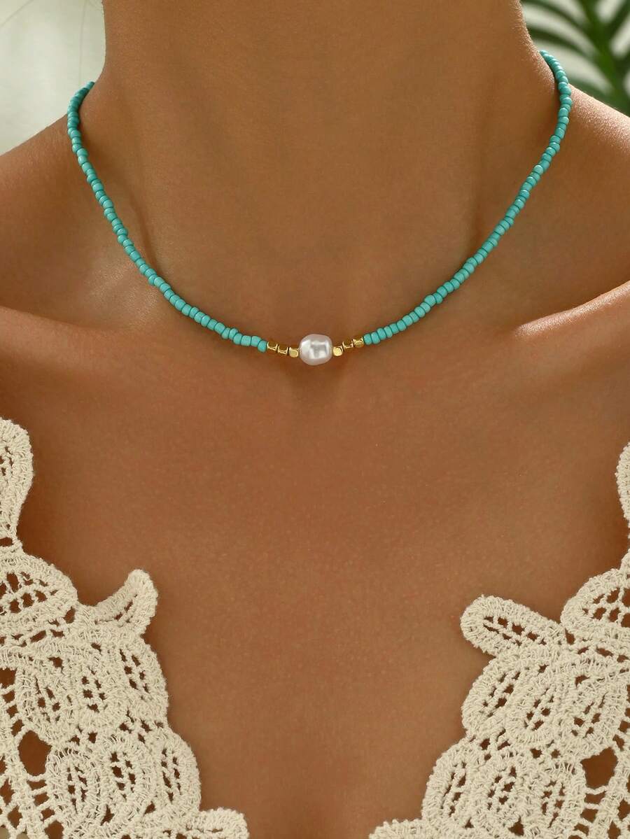 1pc Minimalist Classic Multi-Color Beaded Choker Necklace, Suitable For Women's Party And Daily Wear