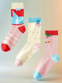 3 pares de calcetines medianos de mujer con diseño de dibujos animados lindos - diseño de bloques de color ligero, tela suave, adecuados para primavera/verano, uso diario