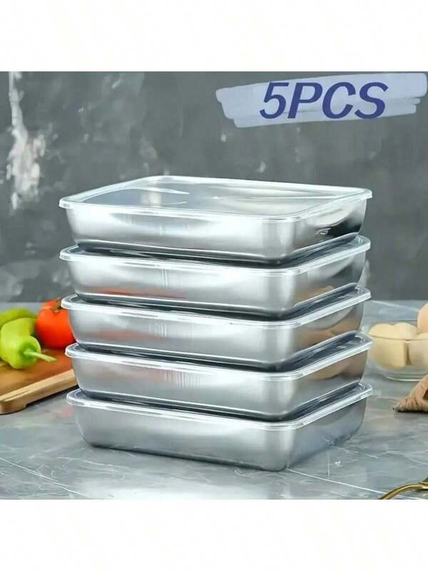 5 pezzi Set contenitori per alimenti in acciaio inossidabile con coperchi trasparenti - Grandi contenitori quadrati per carne, frutta e verdura - Perfetto per campeggio, uso esterno e domestico, contenitori organizzati e impilabili per la cucina - Ideale per uso domestico e all'aperto, essenziali per il campeggio|Contenitori impilabili|Conservazione durevole, Contenitori in acciaio inossidabile