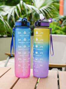 1pc 1000ml/32oz Gradient Color Plastic Cup, Outdoor Large Capacity Sports Water Bottle With Straw, Time Marker, Bounce Design, Leakproof Lock, Strap For Convenient Carrying, Suitable For Work, School, Outdoor Sports, Fitness, Hiking, Camping, Cycling, Holidays Gift