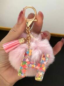 1 Pç Chaveiro de Pelúcia com Letra Inicial do Alfabeto, Chaveiro de Pelúcia com Pompom, Pingente para Bolsa, Mochila, Pingente para Carro, Presente para Mulheres e Meninas, Chaveiro de Resina com Lantejoulas, Acessórios para Carteira e Bolsa, Chaveiro com Borlas, Letra Inicial do Alfabeto A-Y, Escola