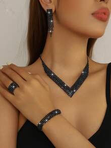 Ensemble de bijoux de mariée, boucles d'oreilles à franges brillants en cristal, collier élégant, bracelet et bague, convient pour le mariage, la fête, le banquet, le bal - Argent - Voir 7
