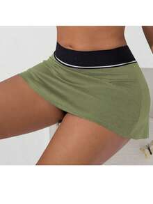 Women's High Waist Skort With Pockets And Contrast Trim - Mint Green - View 3