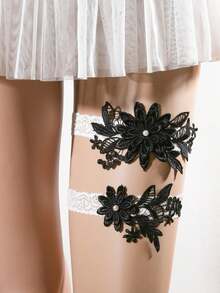 2pcs/Set White Lace & Blue Faux Pearl Floral Romantic Wedding Bride Bridesmaid Sexy Garter Thigh Chain Suit - A - View 10