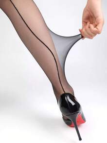 1pc Women's Black Vertical Striped Skinny Fit Ultra-Thin Pantyhose, Cozy - Black - View 2