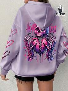 大码女式心形骷髅印花口袋抽绳连帽羊毛衫 - 紫色 - 查看 7