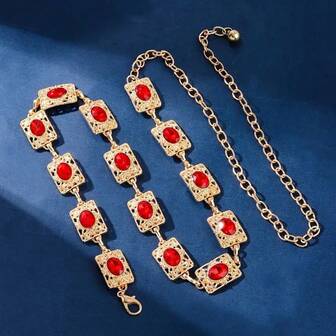 Vintage European & American Style Women's Mirror Decor Tie Waist Agate & Crystal Waist Chain, Red Metal Chain Zinc Alloy Crystal Metal Waistband, Suitable For Wedding, Spring/Summer/Autumn/Wintersummer