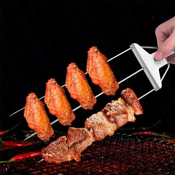 Stainless Steel Barbecue Skewers With 3-Way Push Slider - Reusable, Food-Safe Outdoor Cooking Grilling Rods
