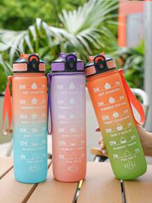 1pc 1000ml/32oz Gradient Color Plastic Cup, Outdoor Large Capacity Sports Water Bottle With Straw, Time Marker, Bounce Design, Leakproof Lock, Strap For Convenient Carrying, Suitable For Work, School, Outdoor Sports, Fitness, Hiking, Camping, Cycling, Holidays Gift