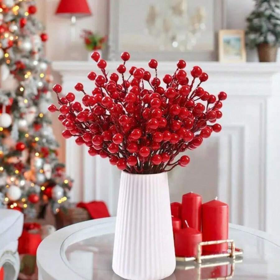 10pcs Red Berry Decor, Includes Artificial Pine Cone And Twig, Suitable For Crafting, Christmas Floral Decoration, And Holiday Decor - Multicolor - View 1