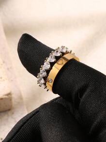 2 pièces Lot de bagues en acier inoxydable plaqué or 18 carats avec bague ajustable en forme de cœur plaqué or 14 carats, élégant pour un port quotidien et en cadeau pour les femmes
