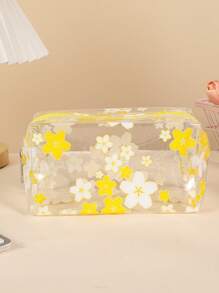INS Style Delicate Hyuna Flower Transparent Waterproof Cosmetic Bag, Multi-Color Floral PVC Waterproof Portable Large Capacity Girly Organizer Travel Toiletry Bag