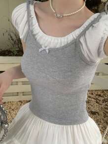 French Style Puff Sleeve 2 In 1 Short Sleeve T-Shirt, Fitted And Elegant Short Top