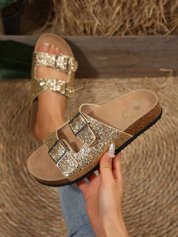 Plus Size Women's Tasseled Slide Sandals With Buckle, Soft Sole Retro Niche Design Casual Thick Bottom Slippers