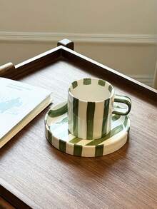 1件黑白条纹陶瓷杯碟套装，极简经典法式条纹陶瓷咖啡杯碟套装，适用于咖啡厅、厨房、下午茶、摄影、生日礼物 - 彩色 - 查看 9