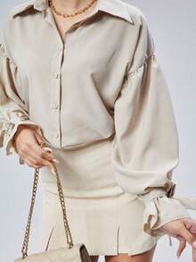 Women Drop Shoulder Solid Color Single-Breasted Casual Loose Blouse - Beige - View 4
