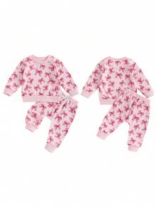 Toddler Girls 2PCS Fall Sets Long Sleeve O Neck Bow Print Tops Drawstring Pants Set - Pink - View 2