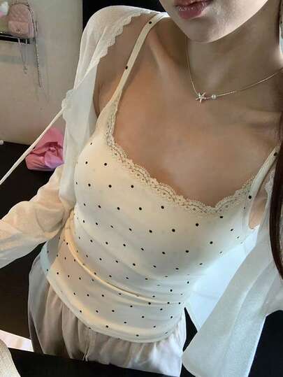 Lace Camisole Top With Built-In Bra Pads, Polka Dot Pattern, Slimming Silhouette, High Stretch Rib, Suitable For Summer