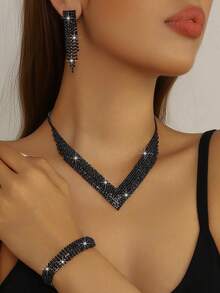 Ensemble de bijoux à la mode pour mariée, boucles d'oreilles à franges scintillants en cristal, collier élégant, bracelet, bague, convient pour mariage, banquet, bal, fête - Noir - Voir 9