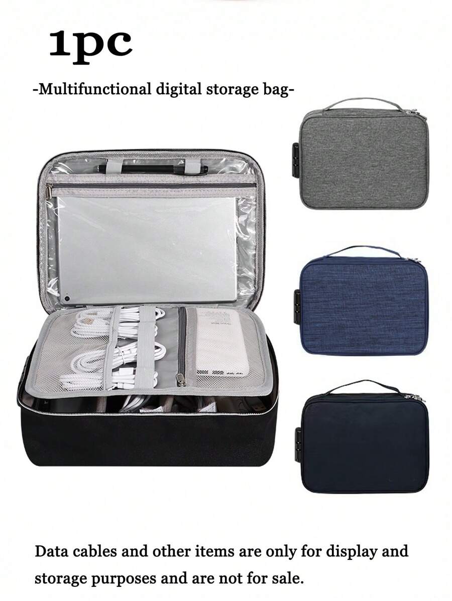 1pc Digital Storage Bag Camera Data Cable Usb Data Pack Large Capacity Password Lock Anti-Theft Travel Bag, Travel Portable Portable Lightweight Travel Supplies, Three Colors Optional, Meet Storage Needs, Hook And Loop Partitions Free Separation Flexible Combination Reasonable Use Of Internal Space, Suitable For Daily Use