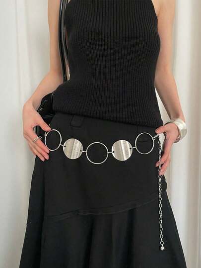 1pc Women's Fashionable Silver-Tone Alloy Material Personalized Round Ring Decor Waist Chain