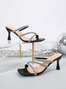 Giày sandal đế dày mũi vuông kiểu cổ tích dành cho nữ, giày cao gót nhiều quai thời trang đính pha lê Pháp, phù hợp cho hẹn hò, đi chơi, dự tiệc, tụ họp, đi làm, công sở, trang phục mùa xuân hè. - màu đen - Xem 6