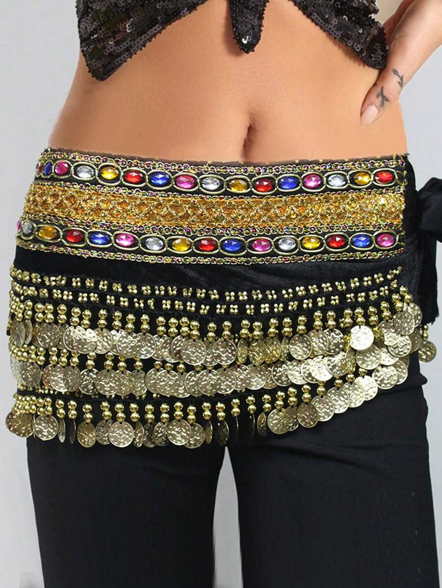 1pc Dual-Rhinestone Belly Dance Waist Chain, Gold Coin Chiffon Yoga/Dance Practice Accessory, Practice Waistband Performance Costume Accessory, Hip Scarf - Multicolor - View 1