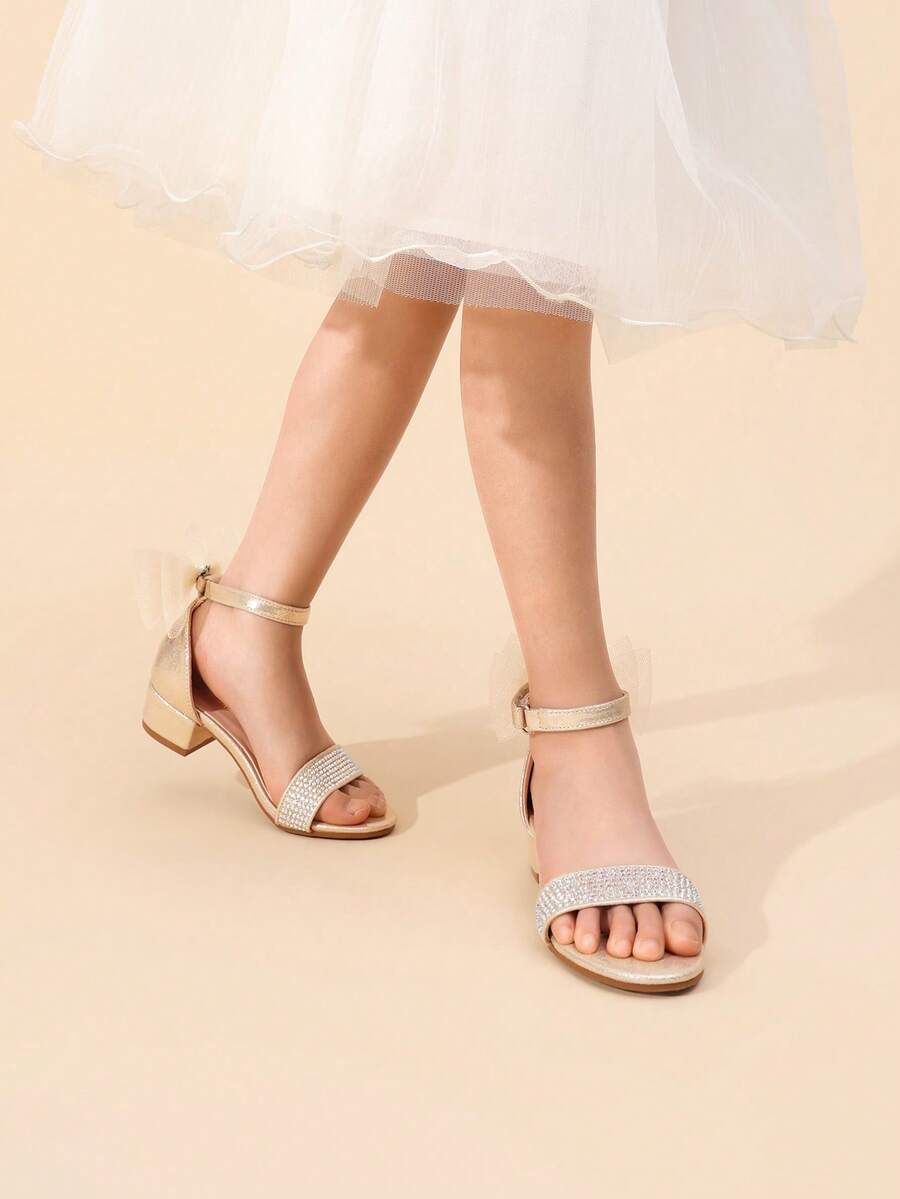 Girls Sandals Low Heel Dress Pump Ankle Strap Interchangeable Bow Flower Wedding Party Shoes For Little Kid/Big Kid - Vàng - Xem 1