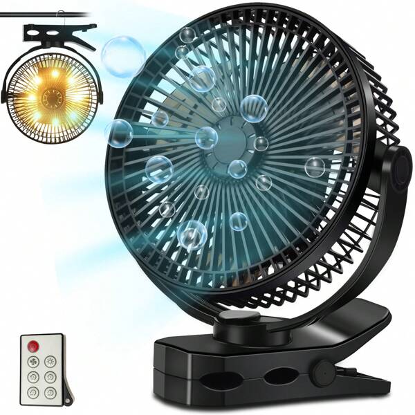GOBRILLFUN Ventilatore a clip da 8,2 pollici con batteria e telecomando – Mini ventilatore portatile USB da 12000 mAh, 3+1 velocità, aromaterapia, timer, luce LED – Silenzioso per ufficio, campeggio, viaggi e growbox
