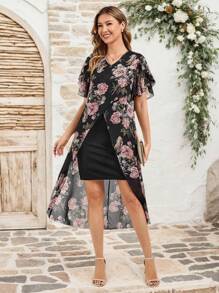 Conjunto informal de 2 en 1 de verano con estampado floral elegante de gasa asimétrico